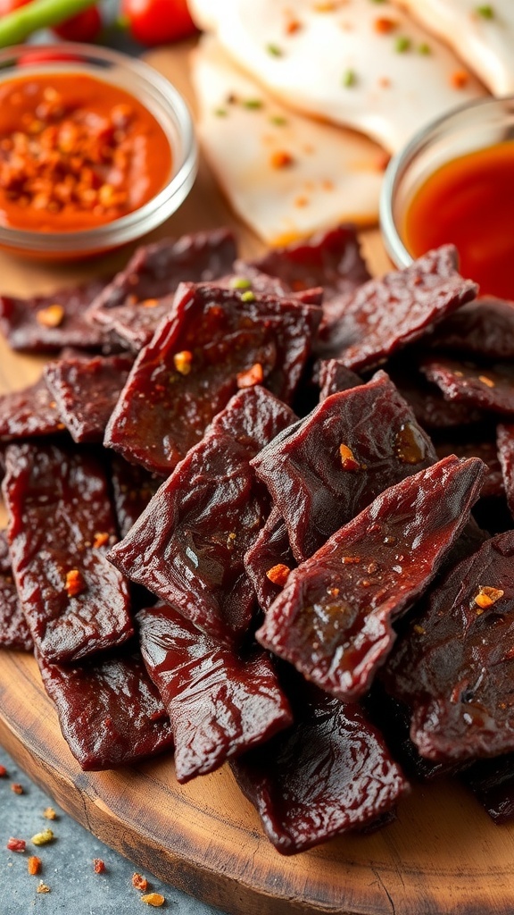 Homemade spicy tilapia jerky on a wooden board with dipping sauce and spices.
